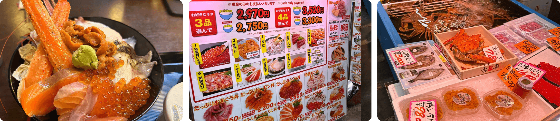 Fresh seafood bowls in Otaru market Japan